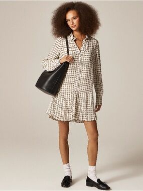 J. Crew Cream Printed Button-Front Ruffle-Hem Mini Dress